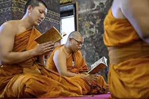 Category Buddhism Prints: Buddhist monks at prayer, Wat Pho