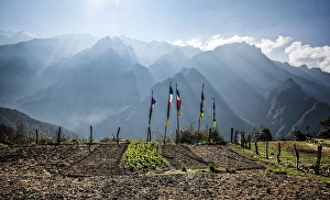 Category Buddhism Prints: Buddhist prayer flags in front of Himalaya Mountains at sunrise