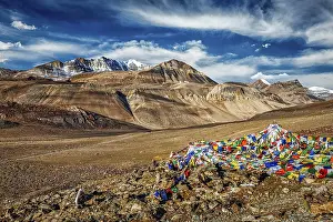 Category Buddhism Prints: Buddhist prayer flags (lungta) on top of Baralacha La pass on Manali-Leh road