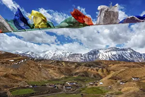 Buddhist prayer flags lungta with Om mani padme hum