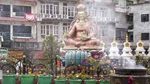Buddhist statue in an urban setting with religious symbols and plants