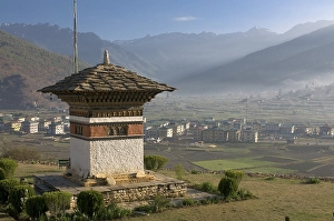 Buddhist stupa above Paro, Bhutan, Asia