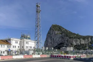 Building of the Gibraltar Airport Control Centre and in the background Rock of Gibraltar