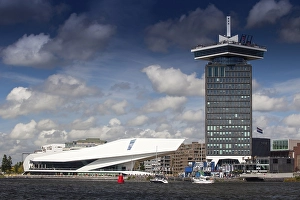 The building of the modern eye Film Museum with the A`DAM Tower and A'DAM viewing platform Amsterdam