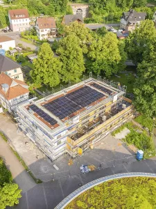 Building with solar panels on the roof