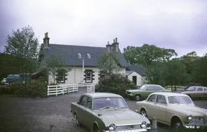 The buildings of the Old Manse with cars parked in front, Glenborrowdale, Scotland 1971