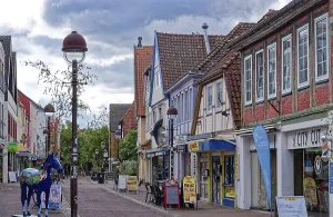 Buildings and shops in Lange StraBe in the historic old town centre of Nienburg an der Weser
