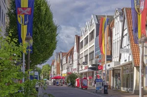 Buildings and shops in Lange StraBe in the historic old town centre of Nienburg an der Weser