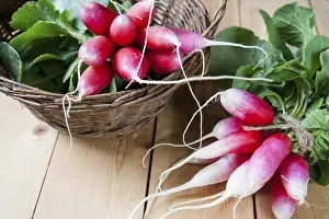 Bunches of fresh radishes in a wicker basket on a wooden table