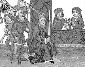 Burggraf Friedrich kneels in front of the Emperor and holds the fief flag that has just been received