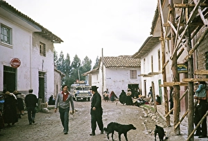 Bus on the main road to Ayacucho, Huancayo, Peru, South America c 1962 Wooden scaffolding muddy road, South America