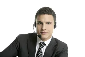 Businessman with headphones portrait on help center