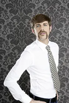 Businessman retro mustache over gray wallpaper tie and shirt
