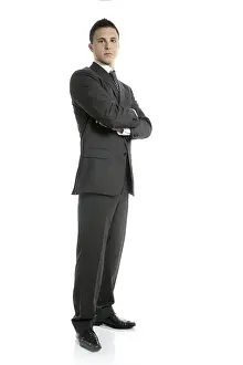 Businessman young stand up, full length on white background