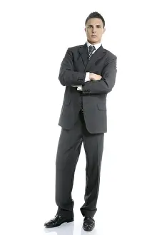 Businessman young stand up, full length on white background