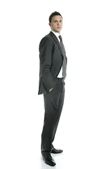 Businessman young stand up, full length on white background