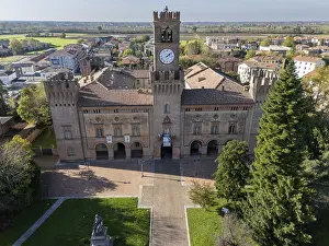 Busseto, Parma, Italy November 3rd 2024 Aerial view of palazzo orlandi torre