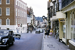 Busy high street in the city centre, High Street Winchester, Hampshire, England in 1962