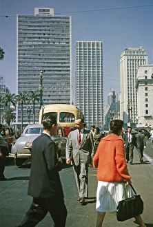 Busy streets with people and traffic in the city centre of Sao Paulo, Brazil, South America 1962, South America