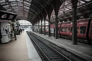 Busy train station with red trains and passengers waiting on the platform in Copenhagen