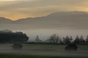 Cabins, fog-covered landscape, Bavarian pre-Alps