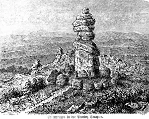 Cairn group in the mountainous province of Sorapur, megalithic monument, stone circle with central stone tower, Near East, history of mankind, historical illustration 1880
