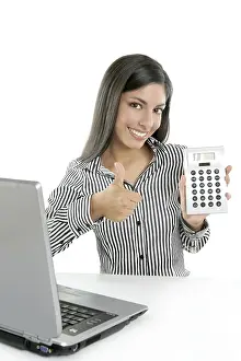 Calculator businesswoman happy for good stats results on white background