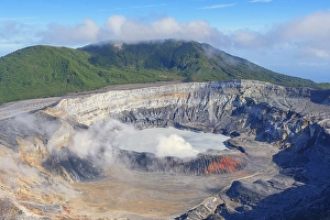 Caldera with crater lake, steam rising from Poas Volcano