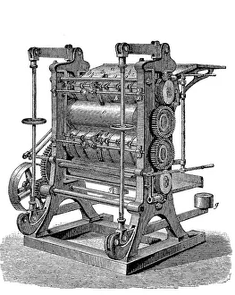 Calender, a system of several heated and polished steel rollers arranged on top of each other