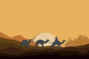 Camel caravan in the desert, paper art