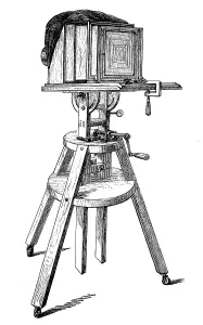 Camera, plate camera on a tripod