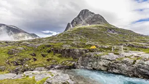 Camping in a small tent in the middle of nature in Norway Scandinavia