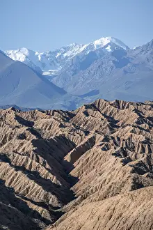 Canyons and eroded hilly landscape on mountains of the Tian Shan