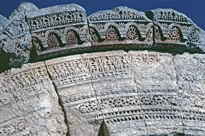 Capital with decorative elements, East Basilica, Monastery of St Simeon Stylites, Qalʿat Simʿan, near Aleppo, Syria, May 1987, vintage, retro, old, historical, Asia