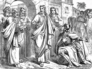 The captain at Capernaum kneels and speaks to Jesus