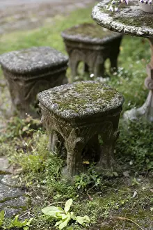 A captivating garden scene showcasing antique stone stools adorned with moss amidst lush greenery evoking a sense of