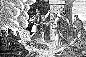 The captive Paul hurls an adder unharmed from his hand into the fire, Pauus on Malta, soldiers, fear, smoke, woodcut, historical illustration