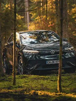 Car between trees in the forest with sunbeams on the bonnet