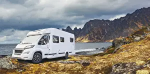 A Caravan or mobile home in front of fjord on Senja Island in Norway