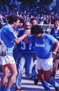 Careca (SSC Napoli) left thanks Diego Armando Maradona (SSC Napoli) for the temporary 1:1 equaliser