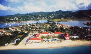 Caribbean Islands: Airshot from St. Lucias harbour, beach and luxury hotel
