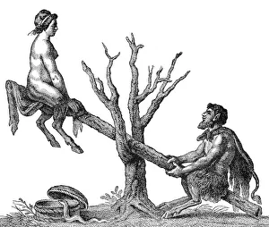 Caricature of Adam and Eve on a seesaw as devils
