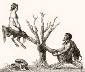 Caricature of Adam and Eve on a seesaw as devils