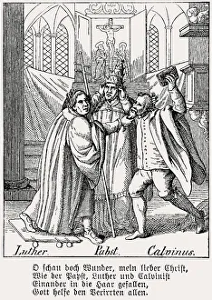 Caricature of the disputes between Martin Luther and Johannes Calvin