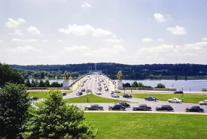 Cars drive over the Arlington Memorial Bridge, Washington DC, USA around 1953