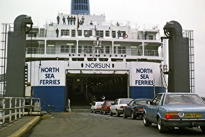 Cars embarking on the ship Norsun Ferry, North Sea Ferries, harbour of Rotterdam, Netherlands, around 1987