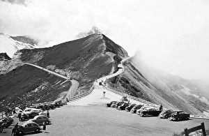 Cars parked at high pass on the Grossglockner High Alpine Road, Hohe Tauern National Park, Salzburger Land, Austria, Europe 1956, Europe