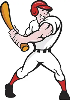 Cartoon illustration of a baseball player with bat batting facing front on isolated white background