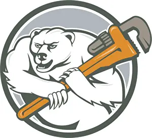 Cartoon style illustration of a polar bear plumber holding monkey wrench on shoulder set inside circle on isolated