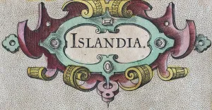 Cartouche Islandia, hand-coloured Iceland copperplate engraving by Gerhard Mercator